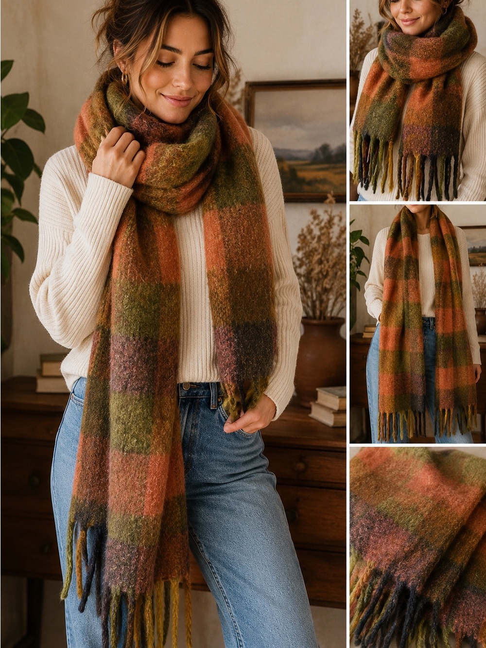 Oversized Fuzzy Plaid Scarf Wrap Fringe Olive Mauve Rust Boho